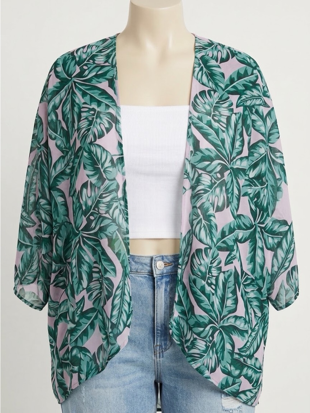 Tropical Green Leaf Kimono - Women